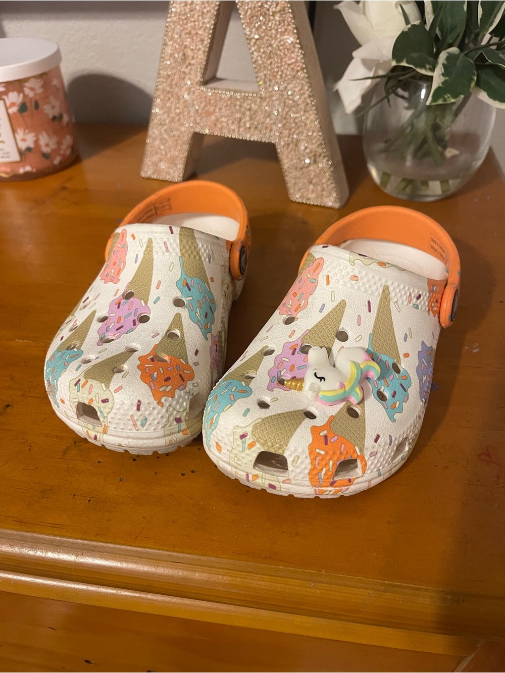 CROCS Kids Ice Cream Print Clogs with Orange Trim and Unicorn Charm